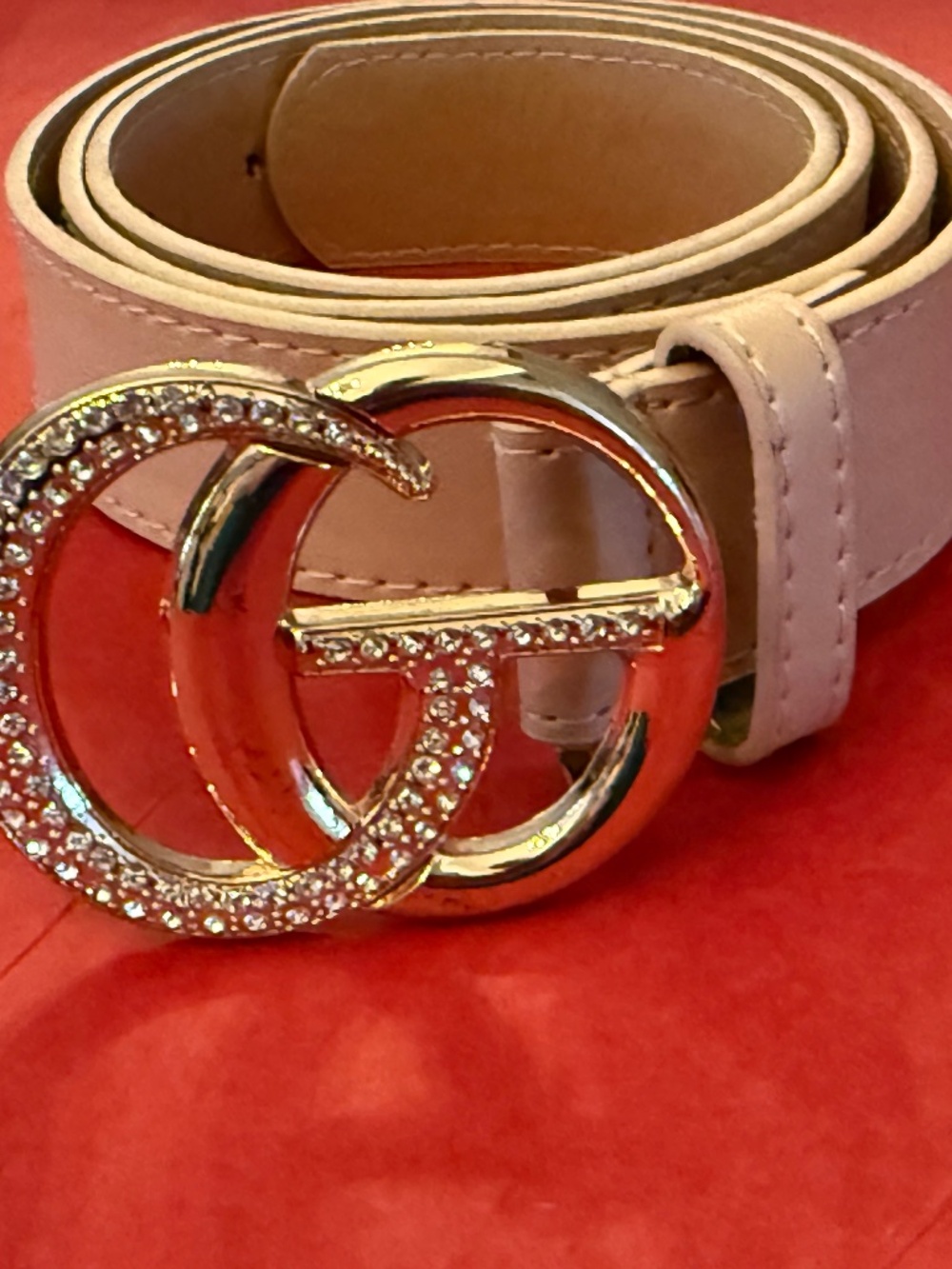 G Inspired Cream Belt with Rhinestone Buckle – 42"